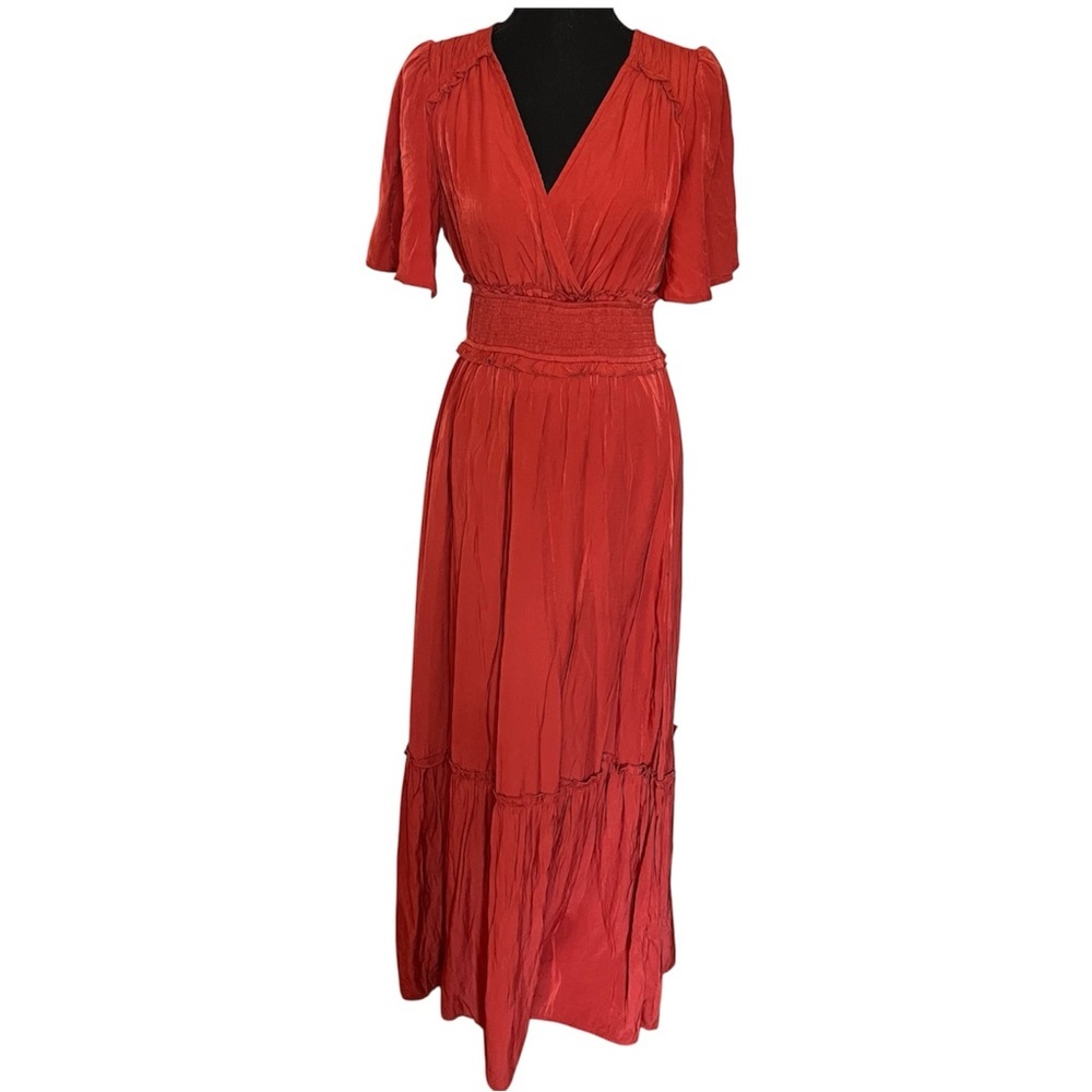 Baltic Born Jules maxi dress Sz S Smocked Rust Red chiffon Short Flutter sleeve
